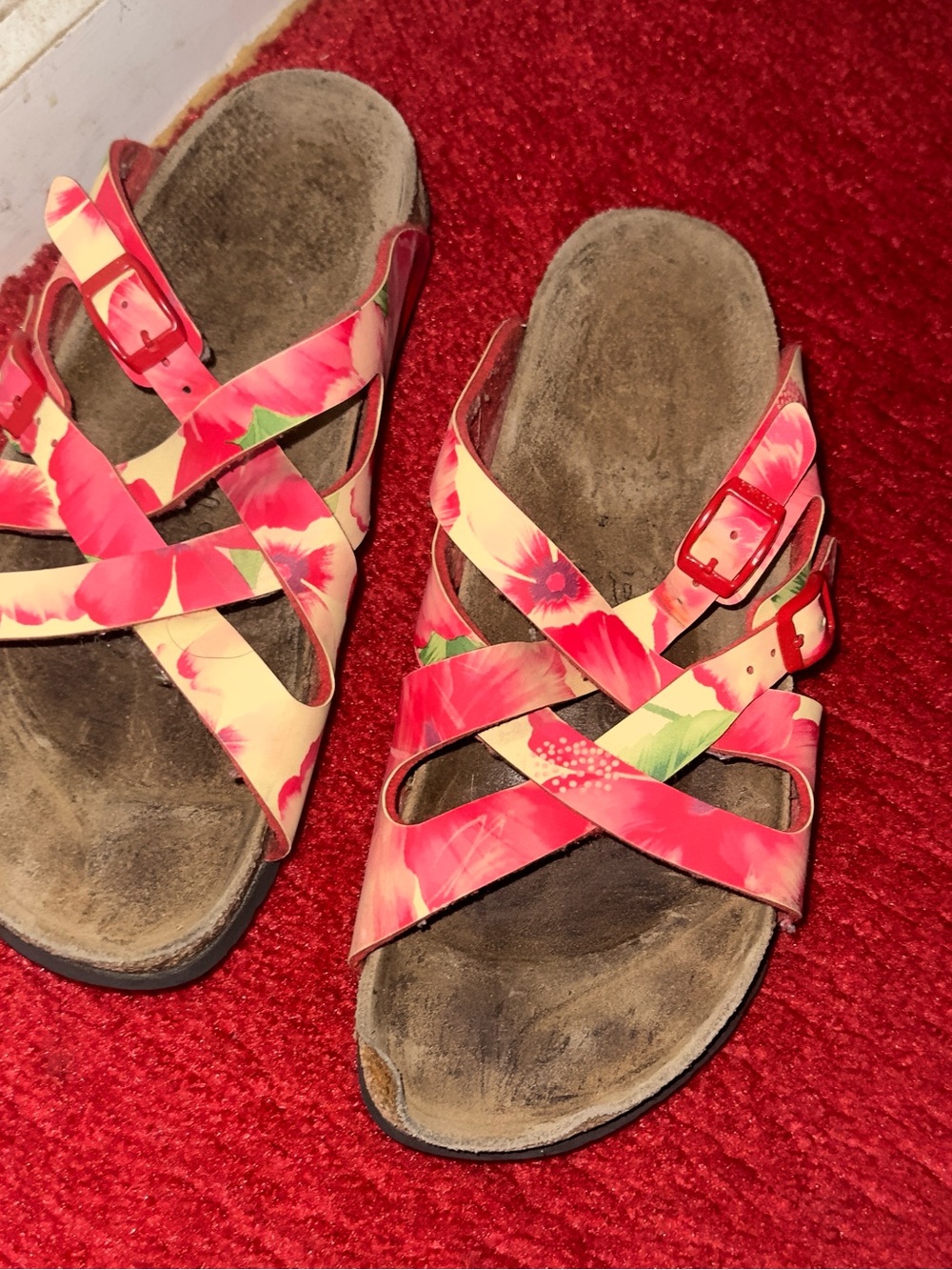 Birki’s Floral Pink Strappy Slide Sandals
